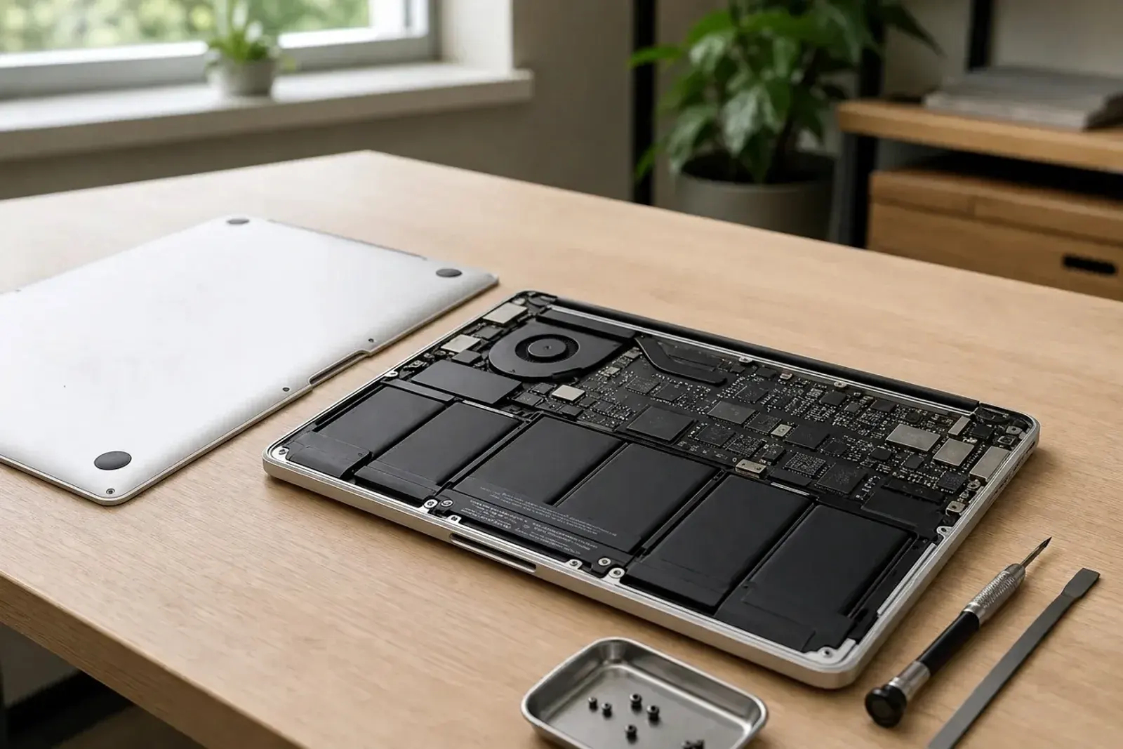 Open MacBook on a repair bench with the back case removed, showing the battery and logic board alongside repair tools