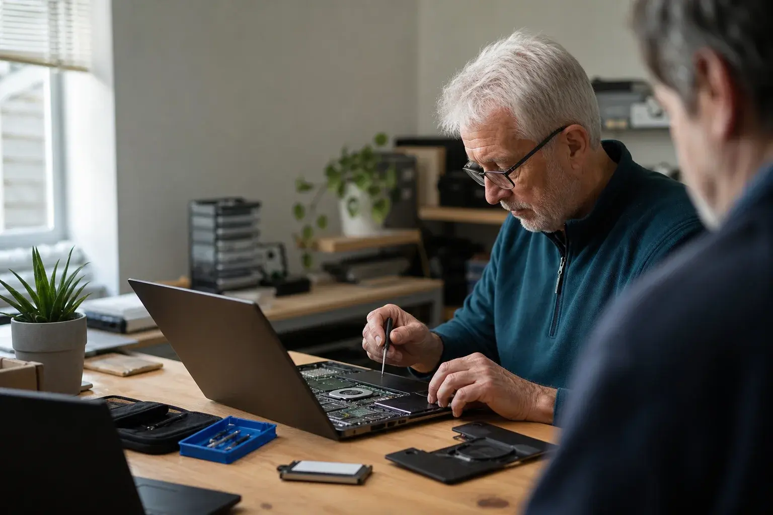 Engineer diagnosing a laptop for a computer repair customer in Reading