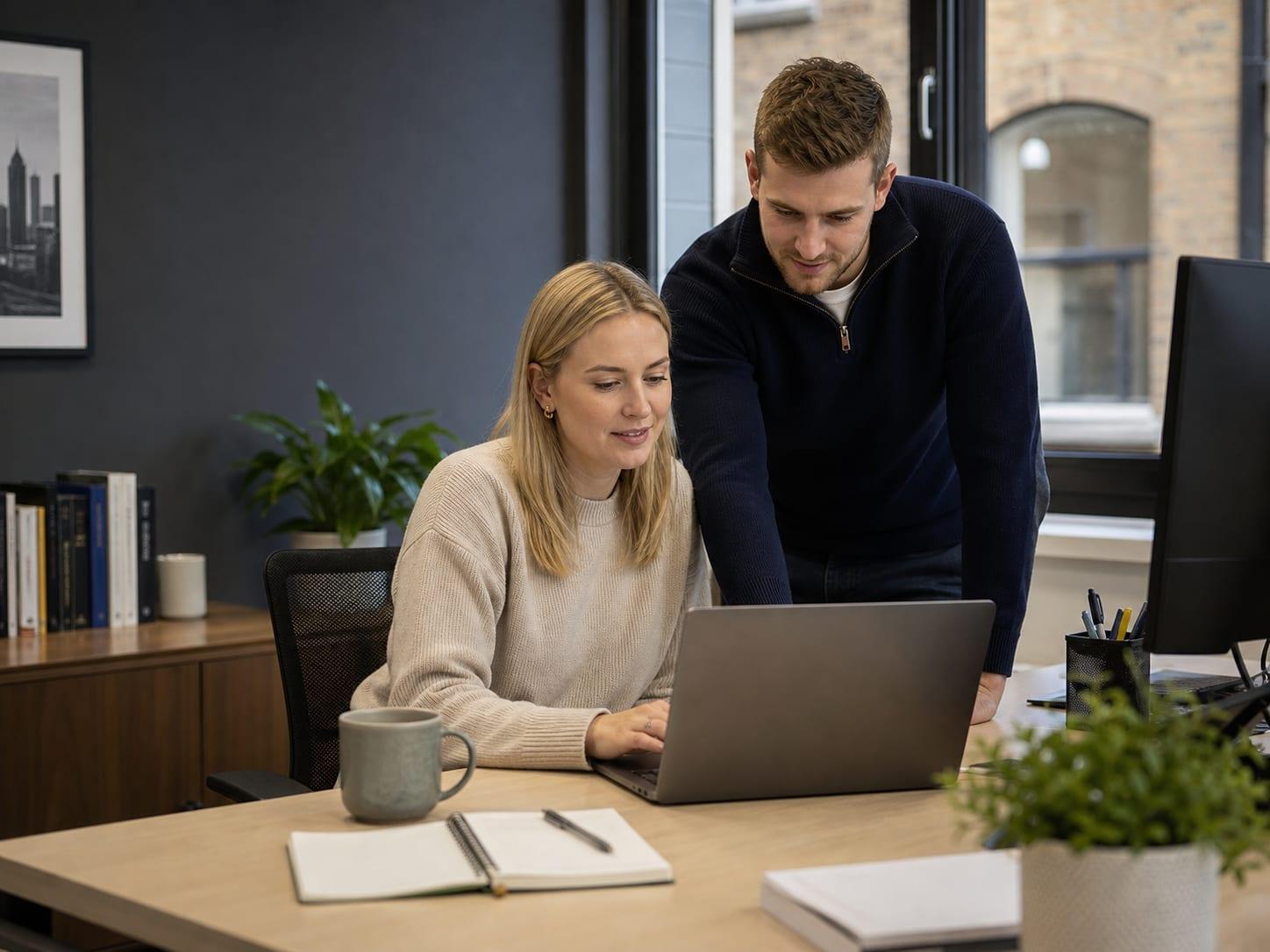 IT engineer helping a client at a laptop in a London office