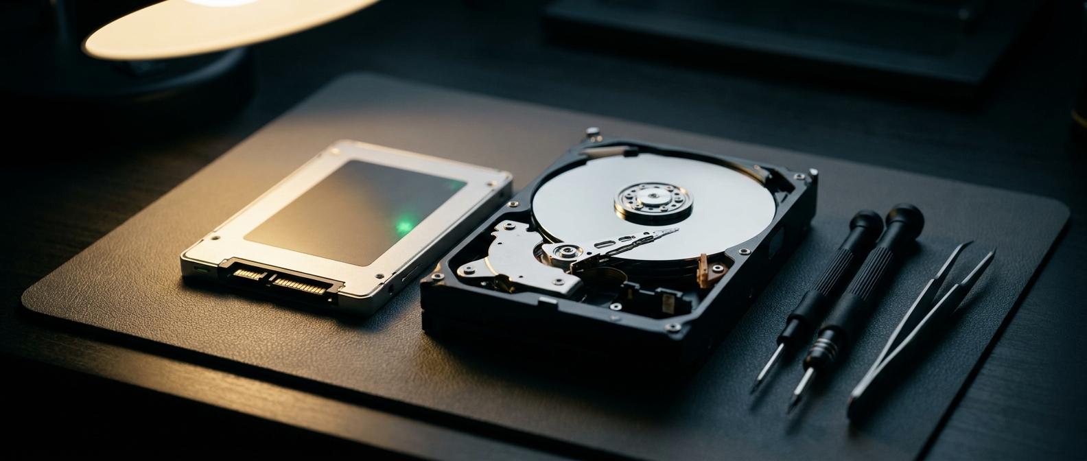 Hard drive opened on a workshop bench during a data recovery job