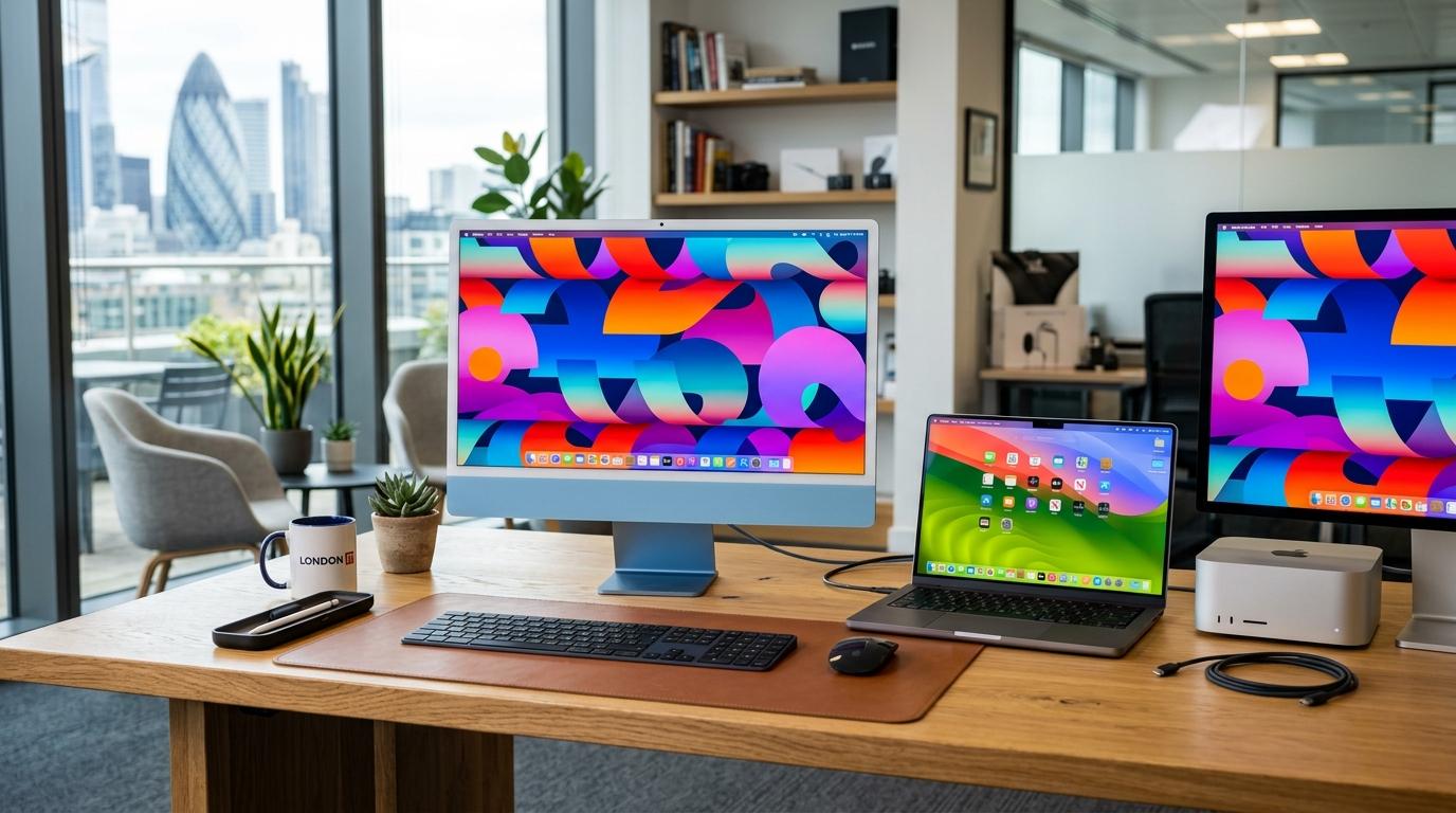Verge Tech Apple Mac workstation setup with colorful modern iMac, MacBook Pro and Mac Studio in London