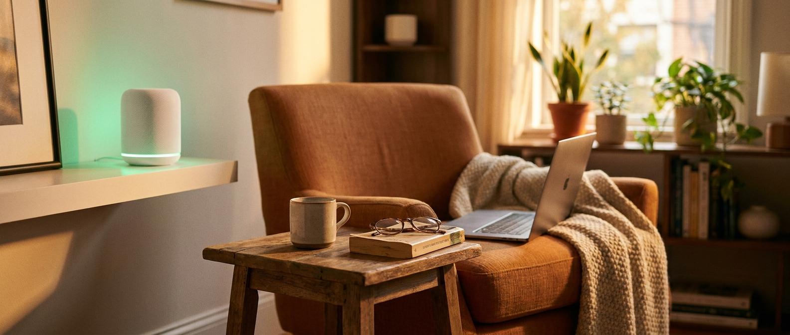 Home office desk with laptop, monitor, printer and network devices being set up