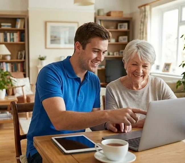 in home it support service for seniors technician teaching a client how to use a laptop