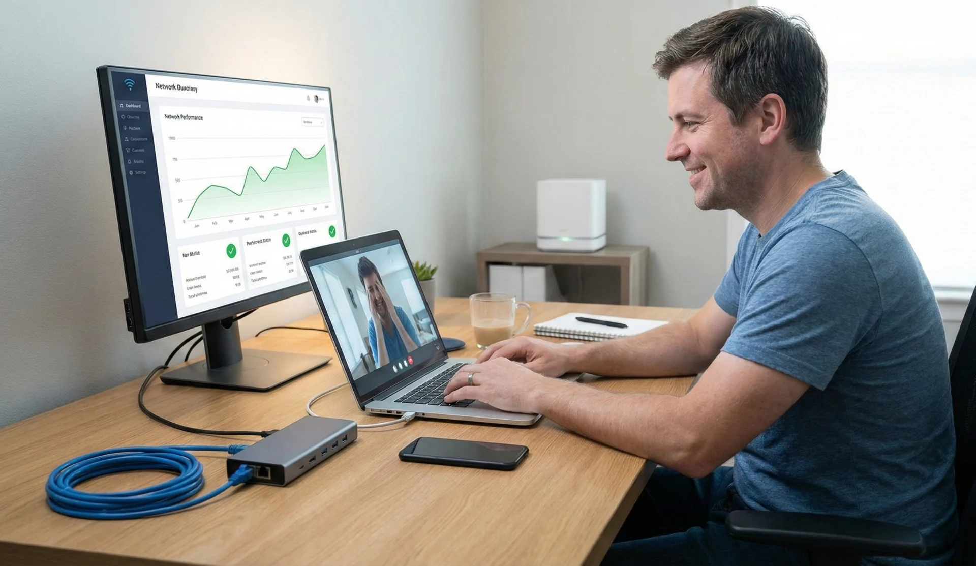 the user is calm and happy, enjoying a smooth video call.