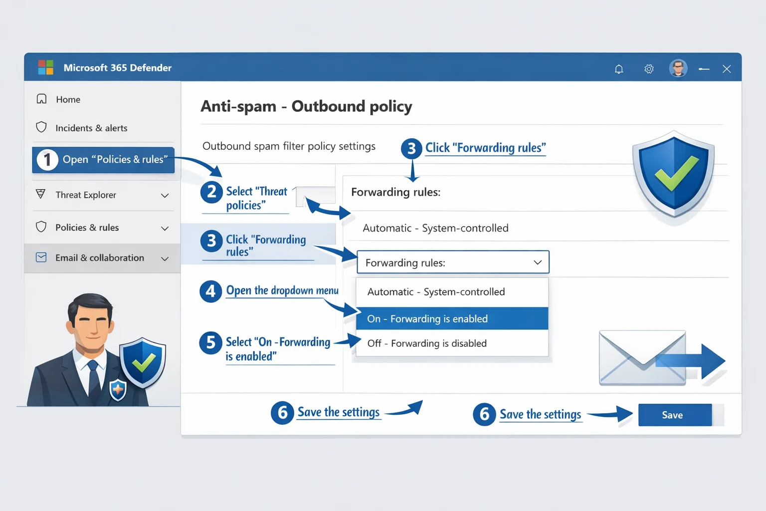 How to Setup email forwarding to external addresses on Microsoft 365 microsoft 365 defender portal interface with anti spam outbound policy