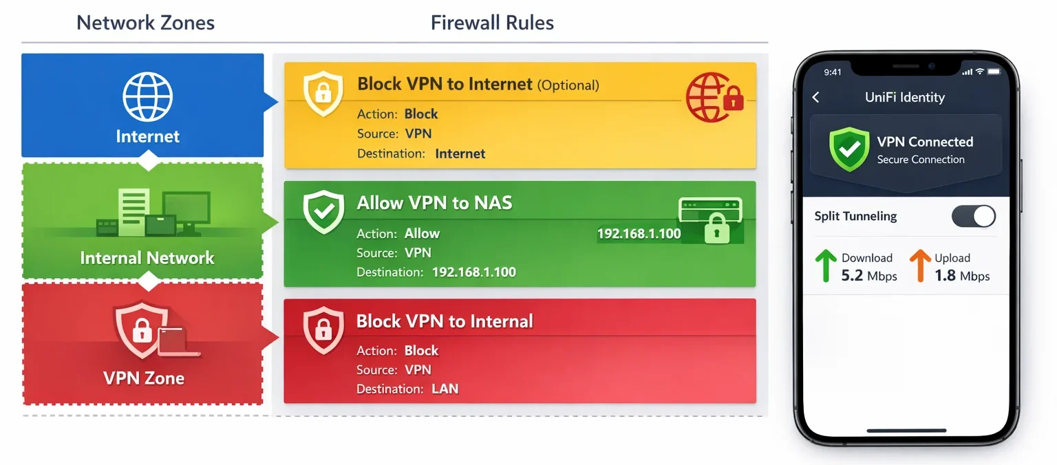 How to Set up a Free VPN for Remote User with UniFi Identity Professional infographic showing firewall rule configuration interface from UniFi dashboard with three distinct